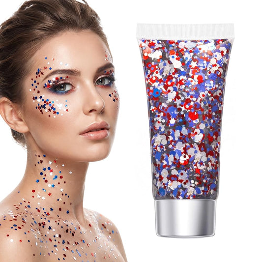 Red White Blue Hair Glitter Stick, 2026 New Patriotic USA Flag Star Chunky Face Body Outfits Sparkle Patriotic Pride Glitter for Soccer President's