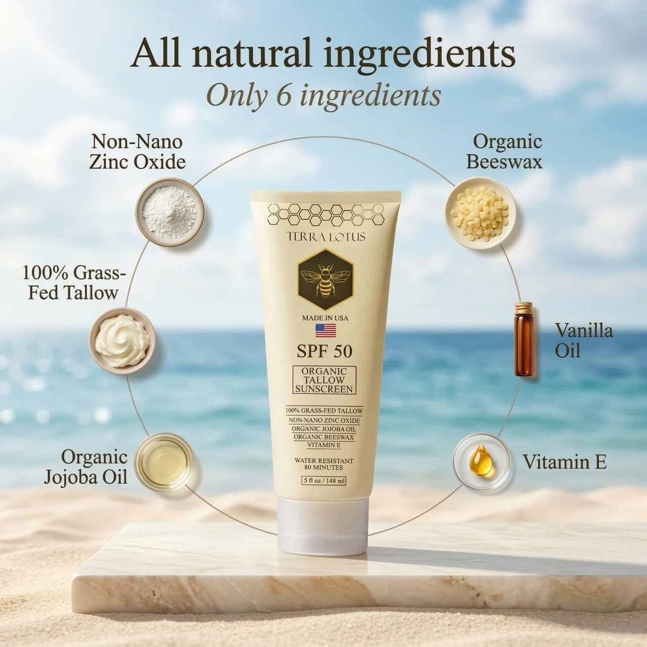 Organic Tallow Mineral Sunscreen - 50 SPF - For Face and Body - With 100% Grass-Fed Tallow and Non-Nano Zinc Oxide Reef Safe - (5 Oz) Beauty and Personal Care Terra Lotus