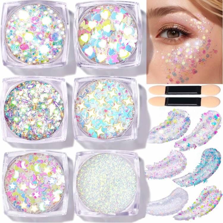 Teenitor Face Glitter Body Glitter, Clear White Body Glitter Gel, Hair Glitter Gel, 6 Shapes Rave Glitter, Mermaid Sequins Makeup Glitters Face Paint Beauty and Personal Care Teenitor Default Title