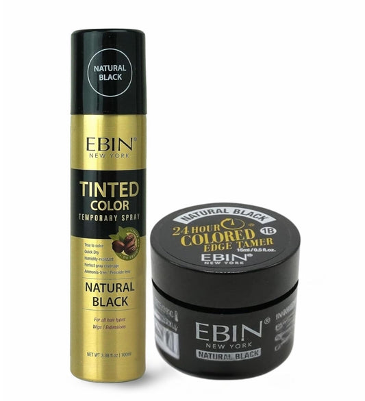 EBIN NEW YORK Ebin Black Spray - Tinted Color Temporary Spray 3.38oz Bundle with 24 Hour Colored Edge Tamer Natural Black Precision Root Cover & Edge
