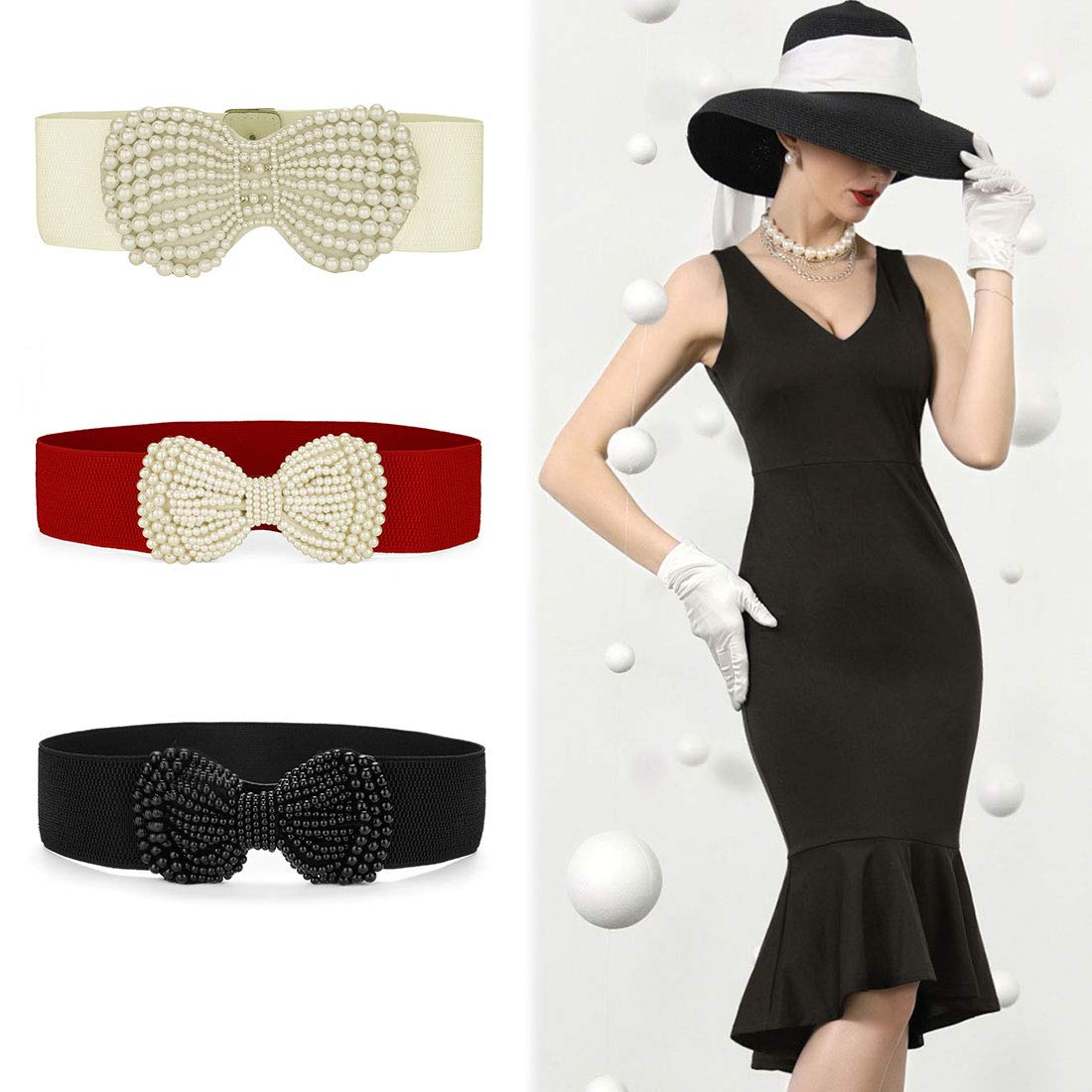 Allegra K Ladies Imitation Pearl Bowknot Press Stud Button Waistband Black