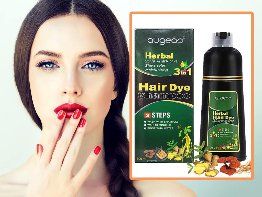 AUGEAS 500ML Black Permanent Hair Color Shampoo, 3 IN 1 Organic Herbal Fast Coloring Shampoo for Men and Women to Cover Grey/White Hair (BLACK)