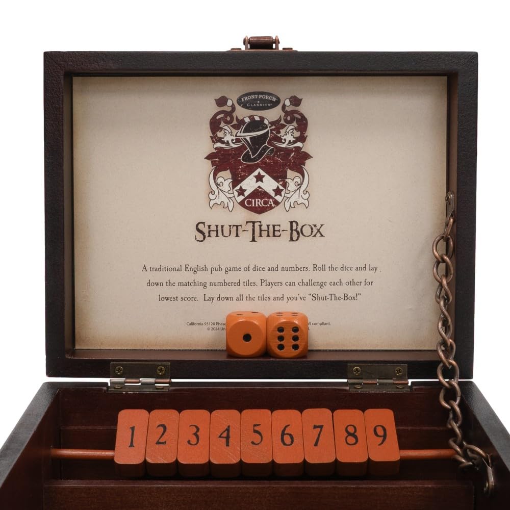 Front Porch Classics, Circa Shut the Box, Wooden 9 Number Dice Game with Case for Travel, for Adults and Kids Ages 8 and Up