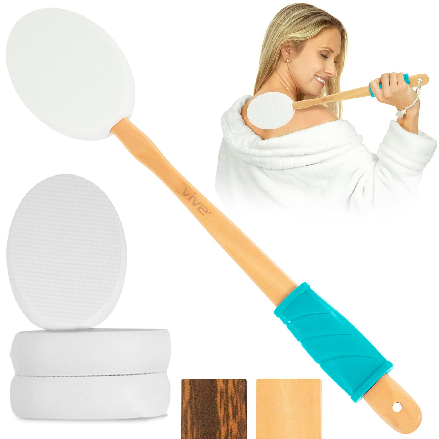 Vive Lotion Applicator for Back, Feet (17.5") - Self Washer Beauty Shower Sponge, Long Handle Cream Wand for Elderly, Women - Apply Medicine, Skin