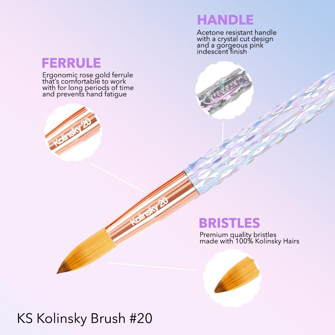 Kiara Sky Acrylic Brush #8 - Clear | 100% Pure Kolinsky | Crystal Cut Handle and Acetone Resistant