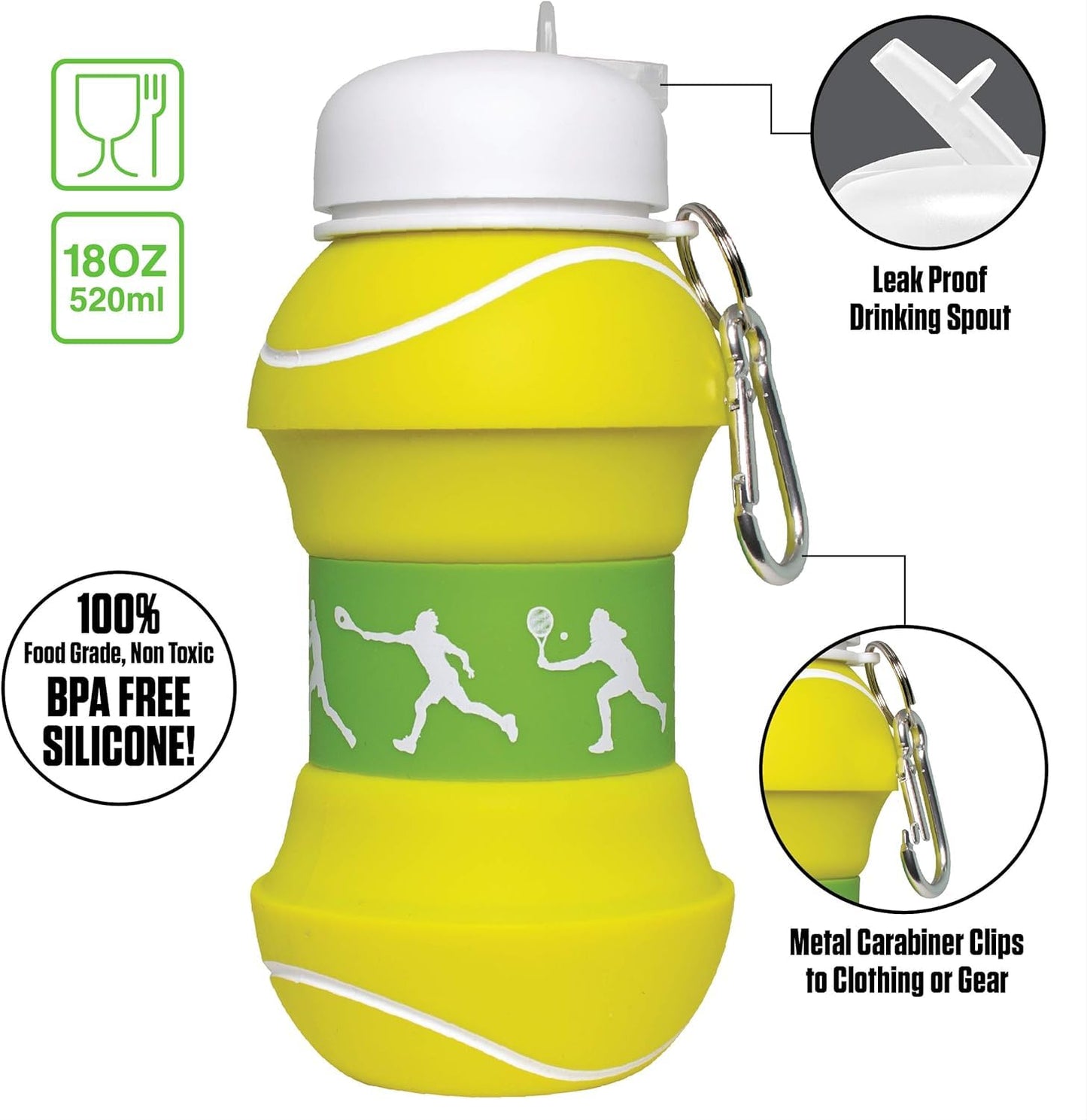 Maccabi Art Clip-On Collapsible BPA-Free Silicone Tennis Ball Water Bottle for Kids, 18 Oz. Size