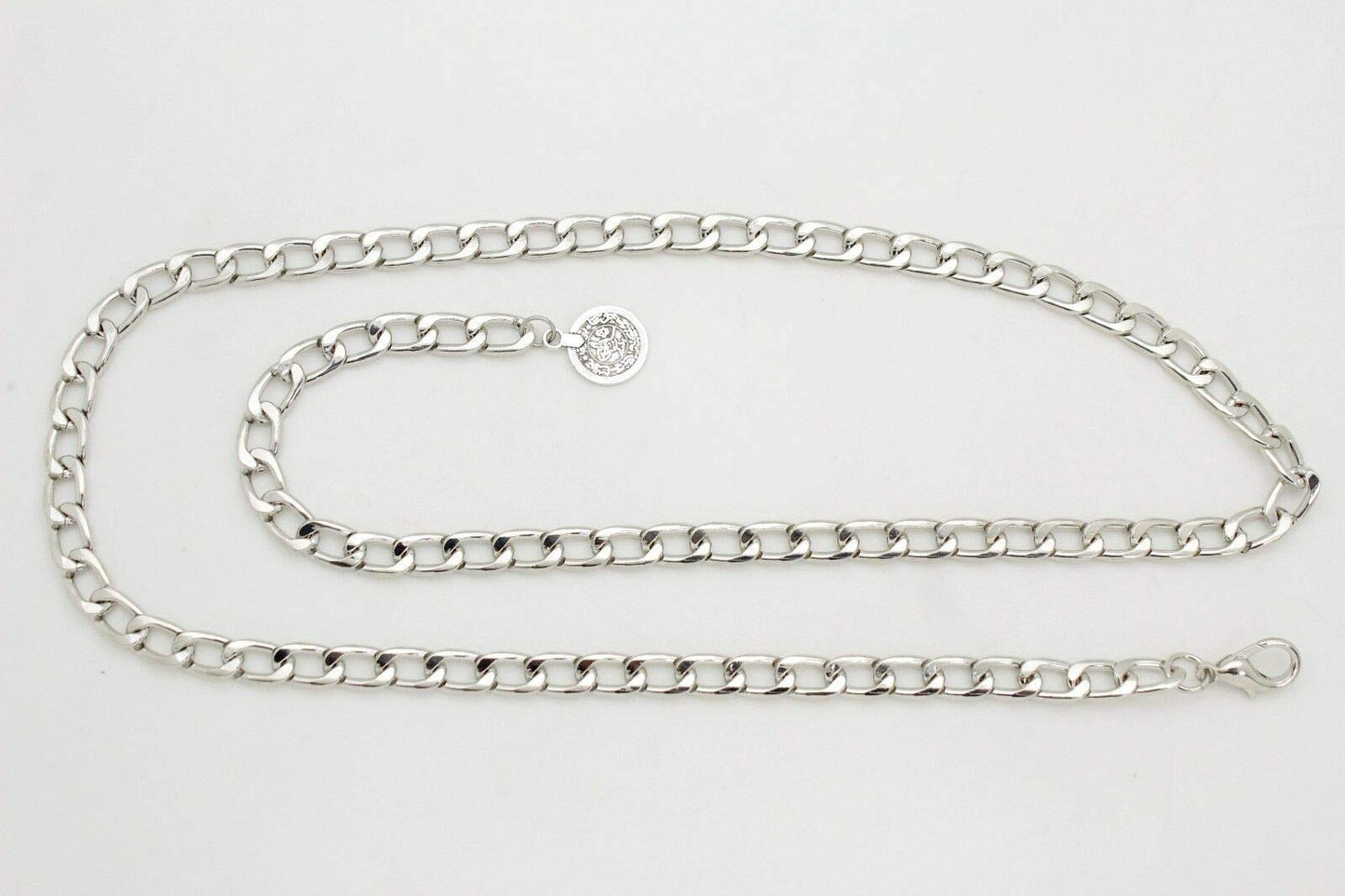 Women Skinny Waistband Belt Silver Metal Chain Links Coin Charm Buckle Size XS S M