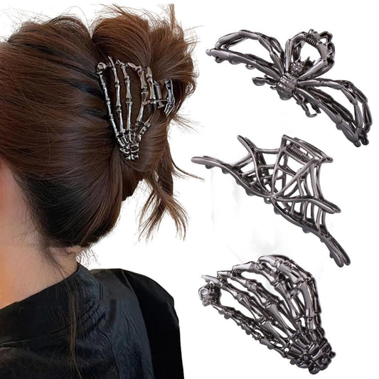 3PCS Black Spider Web Skeleton Hand Skull Hair Claw Clips for Women And Girls, Hiphop Metal Large Medium Size for Thick Thin Hair, Headband Barrette Beauty and Personal Care RAUIMOUR Default Title