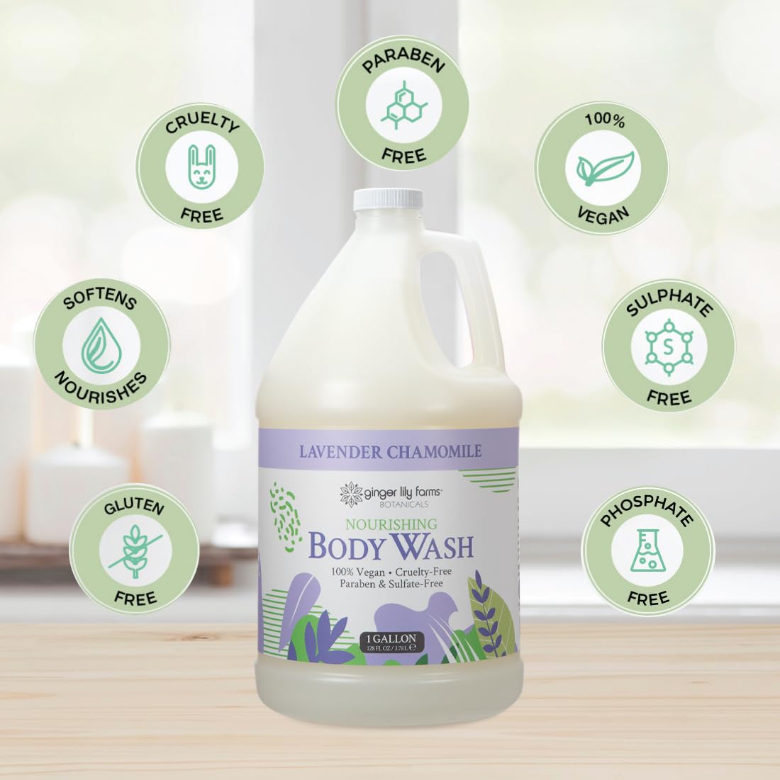 Ginger Lily Farms Botanicals Nourishing Body Wash, 100% Vegan & Cruelty-Free, Bath & Shower Gel for Men and Women, Lavender Chamomile Scent, 1 Gallon