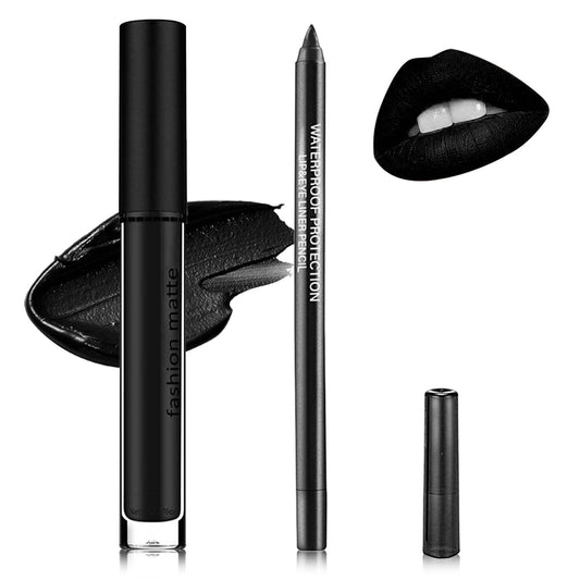 BKPPLZP 2Pcs Black Lip Liner and Lipstick Set,Matte Black Liquid Lipstick Smudge Proof Non-Stick Cup Long Wear Waterproof Lip Gloss Liner Set,High