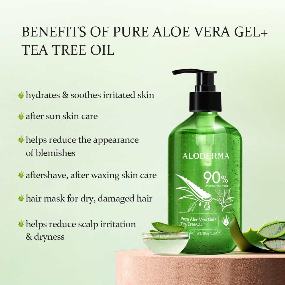 Aloderma Organic Aloe Vera Gel for Skin + Tea Tree Oil, Made within 12 Hours of Harvest, Soothing Pure Aloe Vera Gel for Face, Works Great for Oily