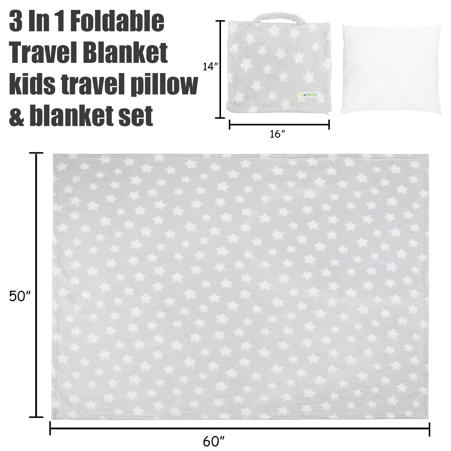 VigorSpring Travel Pillow and Blanket Set - Portable Comfort Item for Children - Grey Star Soft Kids Pillow Blanket (Star)