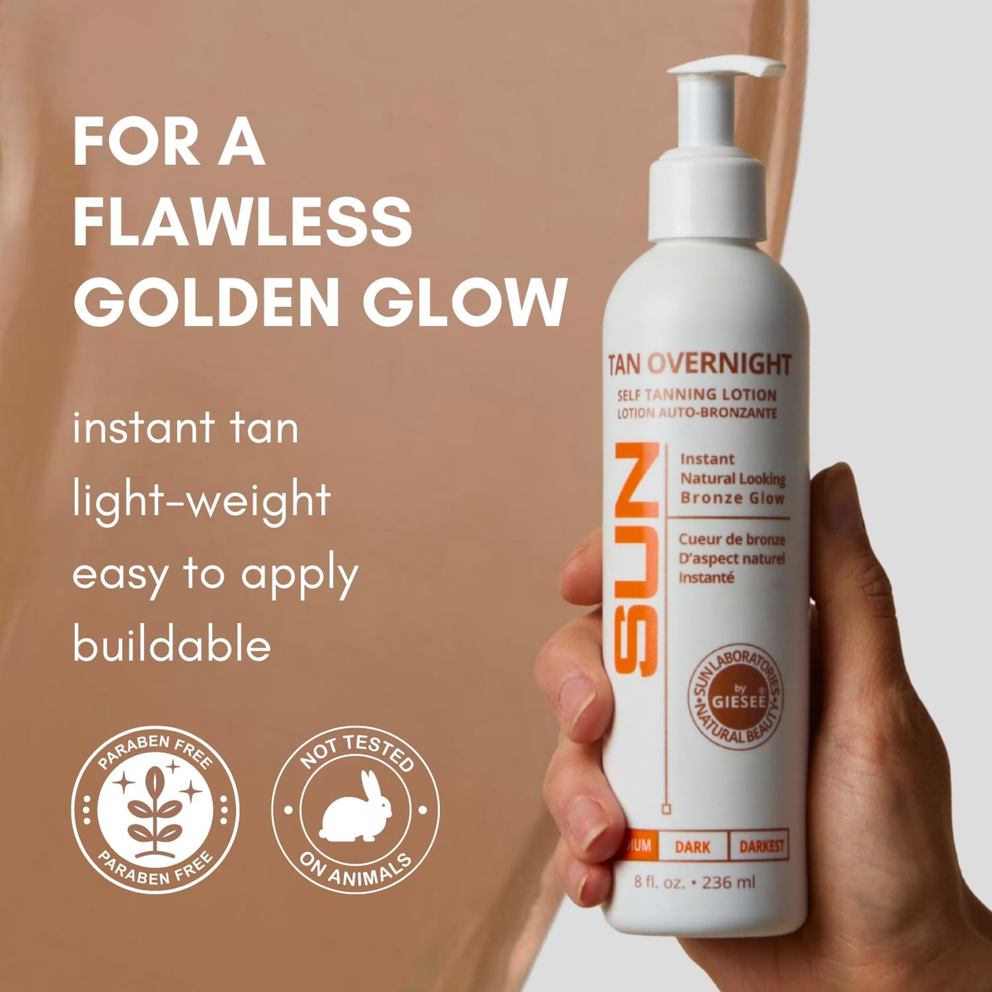 Tan Overnight Sunless Tanning Lotion 8 oz - Self Tanner, Self Tanning Lotion, Face Tanner - Natural, Long Lasting, Instant Dark Bronzer, Gradual Tan