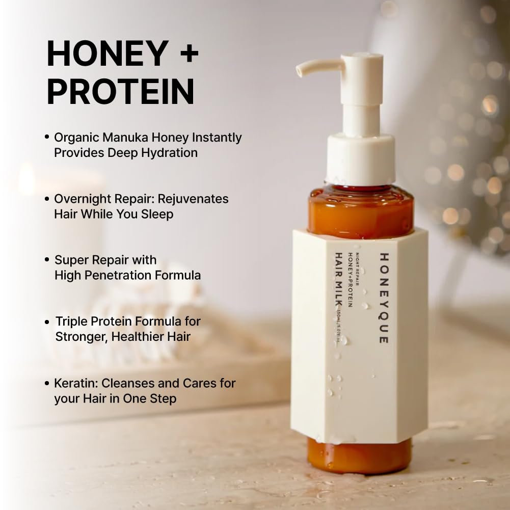 HONEYQUE Night Repair Honey + Protein 2-Way Hair Milk 150mL/5.07 fl. oz | Overnight Leave-In Treatment for Damaged, Frizzy Hair | Manuka Honey