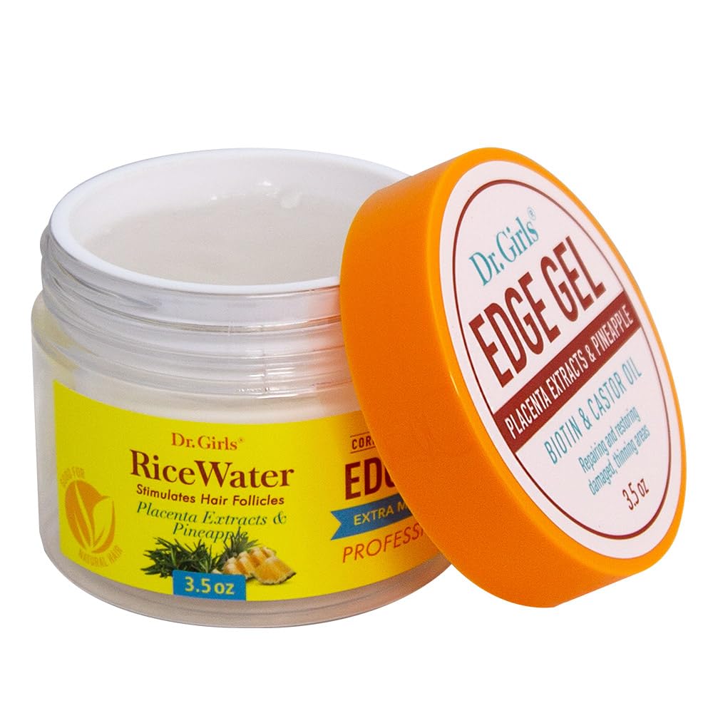 Dr. Girls Rice Water Edge Gel - Extra Mega Hold for Cornrows, Locs & Twists with Biotin, Castor Oil 3.5oz (Placenta Extracts & Pineapple)