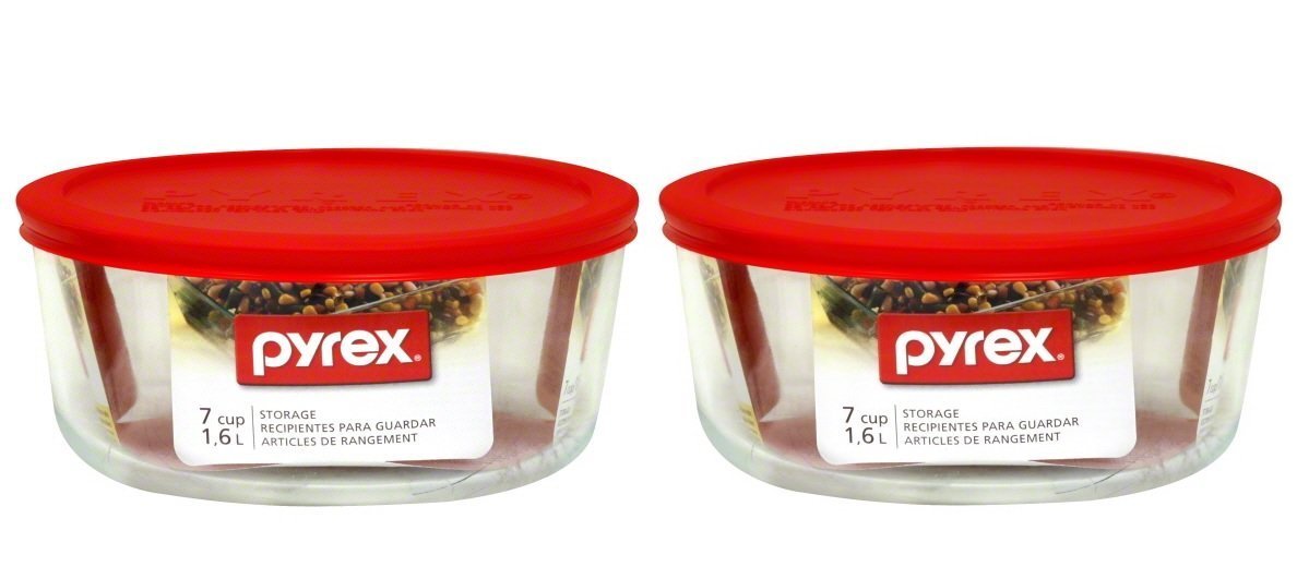 Pyrex 7203 7-Cup Glass Bowl and 7402-PC Red Lid (2-Pack) - Made in USA
