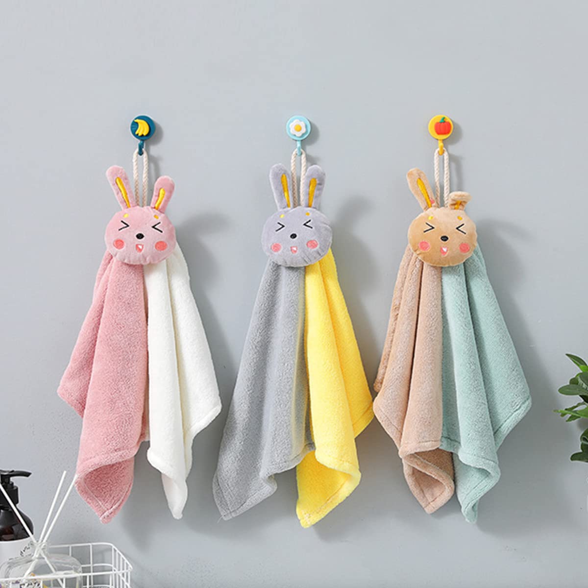 Ewanda 3 Pack Cute Rabbit Hand Towels with Hanging Loop, Kids Hanging Towels for Kitchen & Bathroom