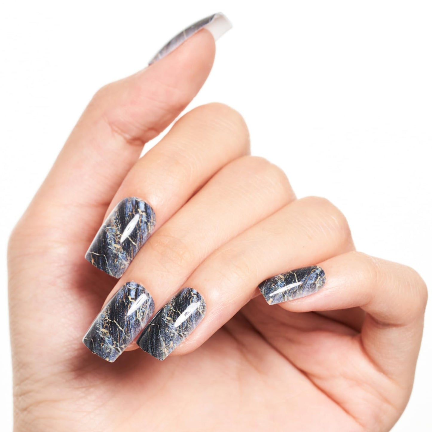 GLAMERMAID Ombre Press on Nails Medium Square, Fall Peacock Blue Marble Jelly Soft Gel Nails Square Fake Nail, Glossy Stick Glue 0n Nail Kit