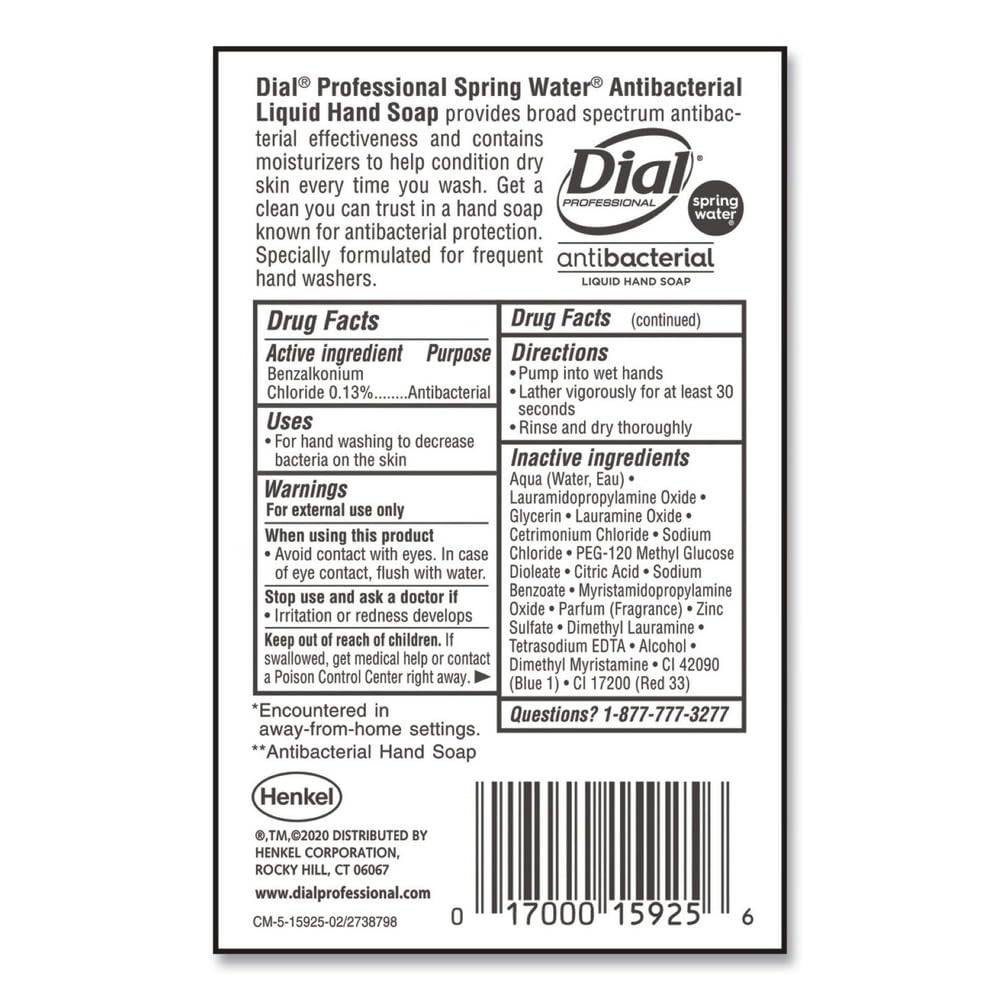 Dial Complete Spring Water Antibacterial Liquid Hand Soap, 128 Fl oz Refill Bottle (Pack of 1)