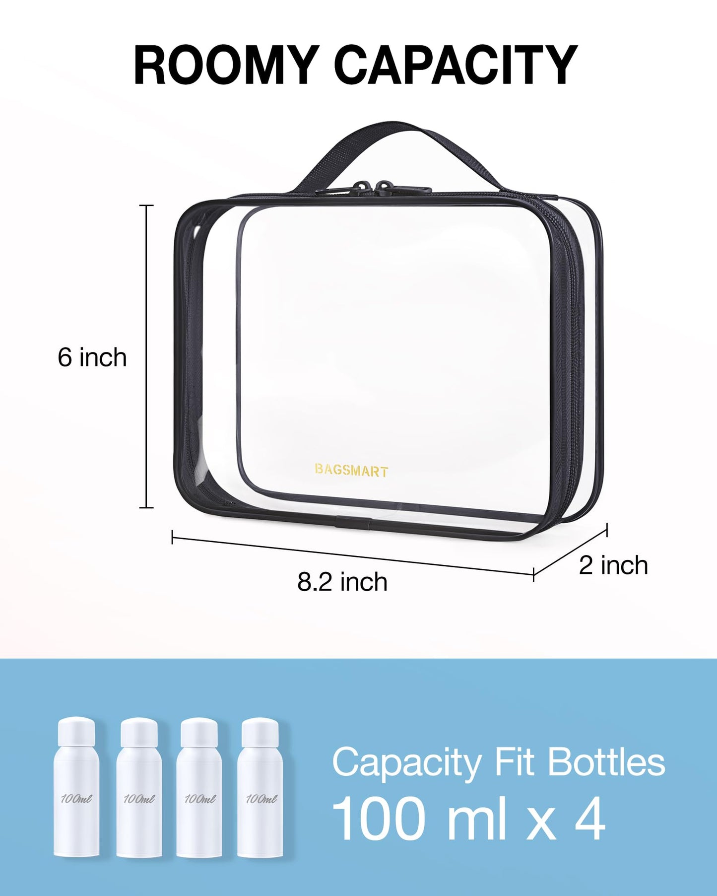 BAGSMART Clear Toiletry Bag, TSA Approved Travel Toiletry Bag Carry On Travel Accessories Bag Airport Airline Quart Size Bags water-resistant Makeup Beauty and Personal Care BAGSMART
