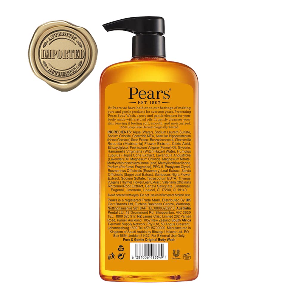 PEARS Pure & Gentle Gel Doccia 750ml | Originale | Realizzato con Oli Naturali e Senza Sapone | Idratazione Nutriente ed Estratti Naturali