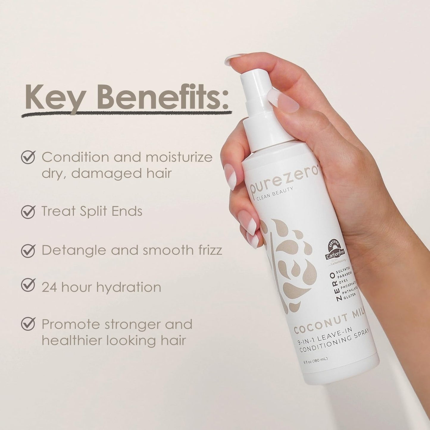 Purezero 9-in-1 Leave-In Conditioner Spray 6 oz - Multi-Action Hair Treatment for Moisture, Detangling, Frizz Control, Heat Protection, and Shine