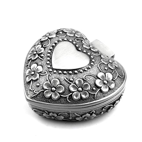 Luxuryseed Classic Vintage Smart Heart Shape Trinket Box Antique Silver Jewelry Box Small Trinket Storage Organizer Chest