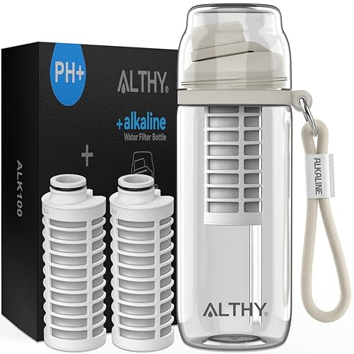 ALTHY Alkaline Water Filter Bottle, Up to PH 9.5, Added Minerals & Electrolytes, Composite Alkalize & Filtration System, BPA Free 500ml, Includes 3