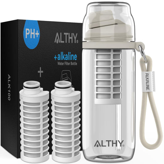 ALTHY Alkaline Water Filter Bottle, Up to PH 9.5, Added Minerals & Electrolytes, Composite Alkalize & Filtration System, BPA Free 500ml, Includes 3