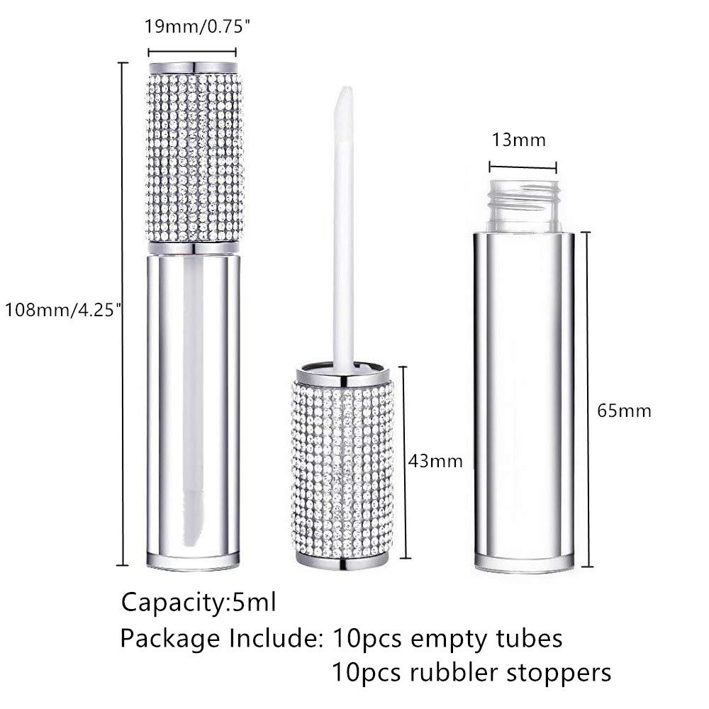 AJLTPA 10 Pack Crystal Rhinestone Lip Gloss Wand Tubes, 5ml Empty Lip Gloss Containers, Lipgloss Lip Balm Bottles with Rubber Stoppers for DIY Lip