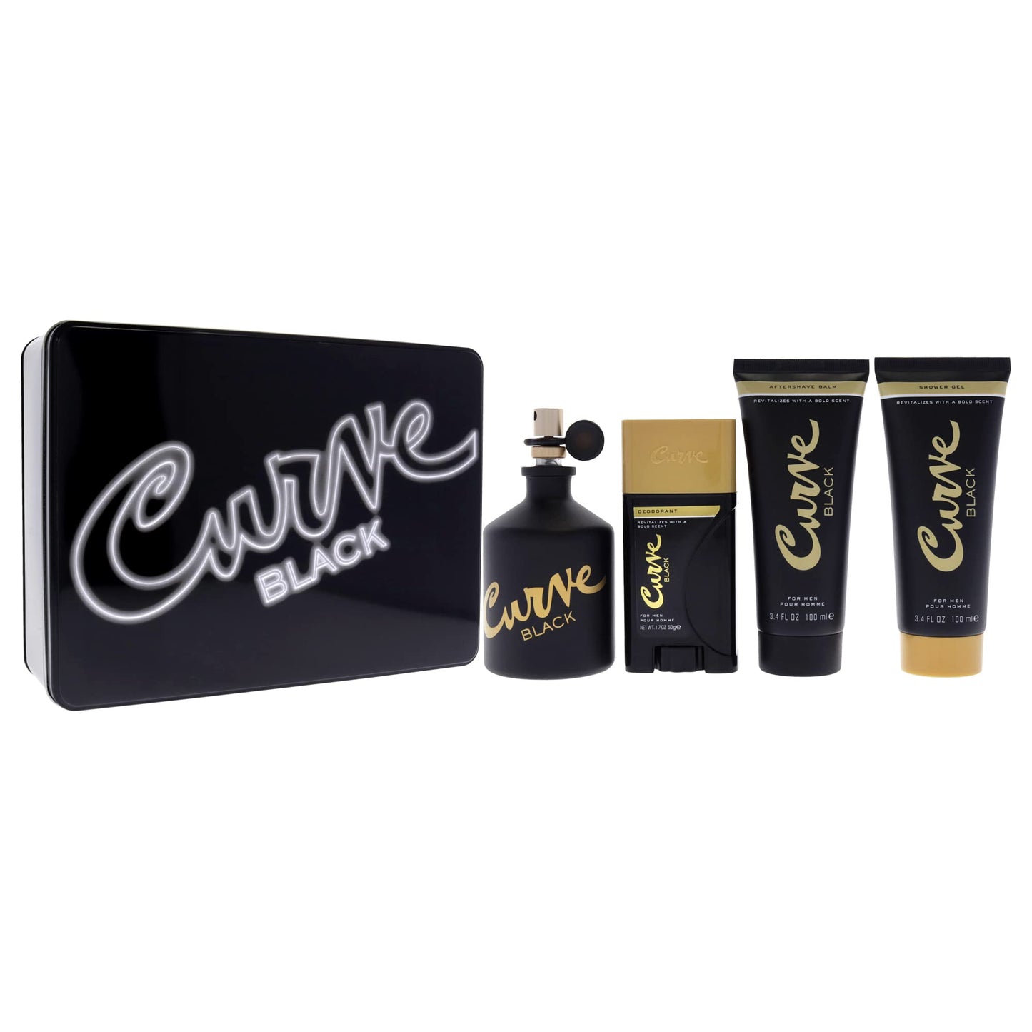 Liz Claiborne Curve Black 4.2oz EDC Spray, 3.4oz After Shave Balm, 3.4oz Shower Gel, 1.7oz Deodrant Spray Men 4 Pc Gift Set