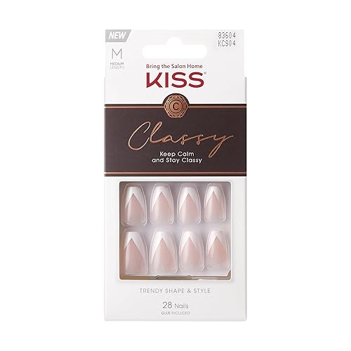 KISS Classy French Nail Manicure Kit with Gel Finish, Medium, Coffin Shaped, “Silk Dress”, Gel Nail Kit Includes Pink Nail Glue (Net Wt. 2 g