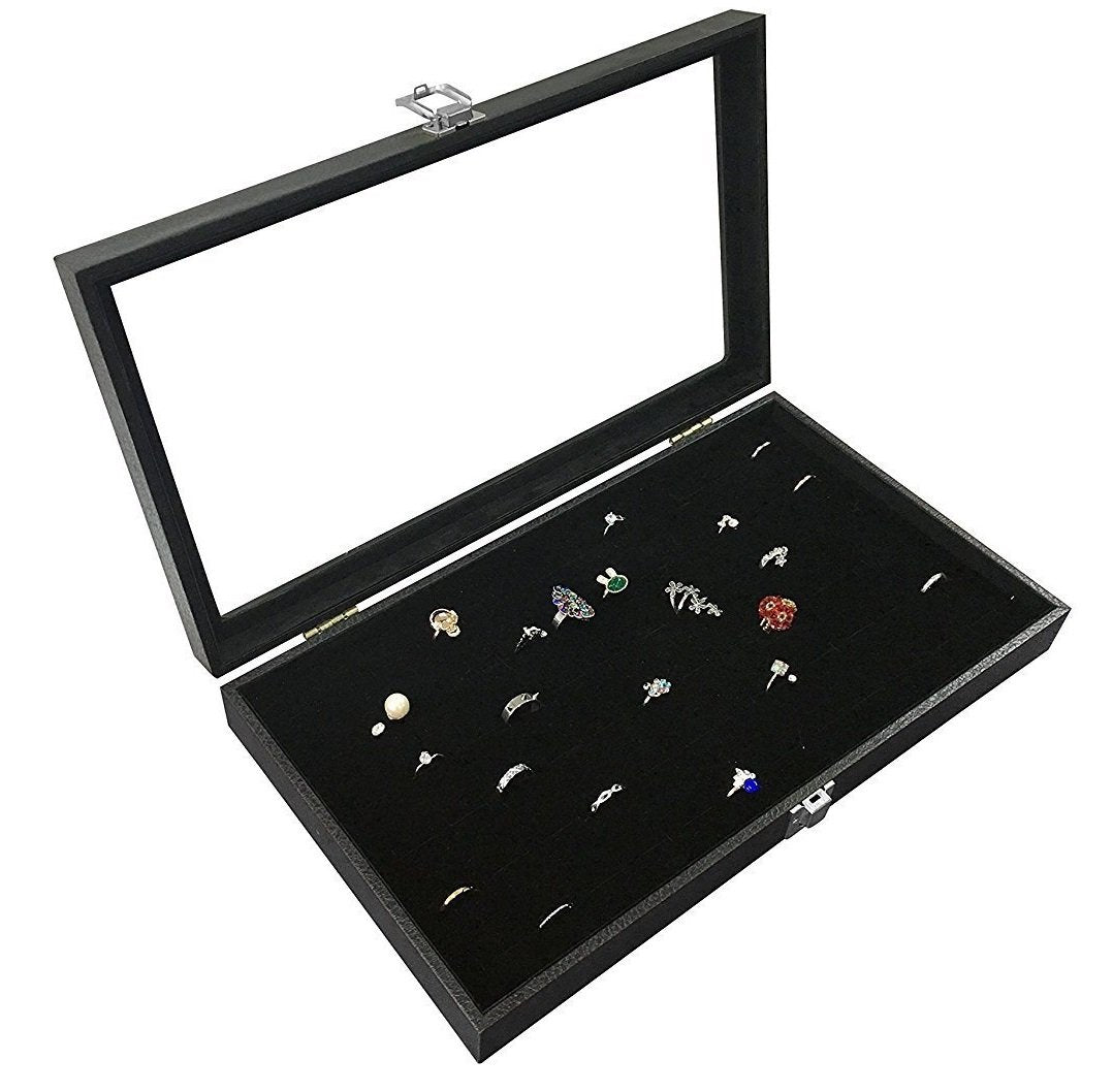 RJ Displays Glass Top Black Jewelry Display Case with 72 Slot Rings Tray. Comes with Free Jewelry Polishing Cloth