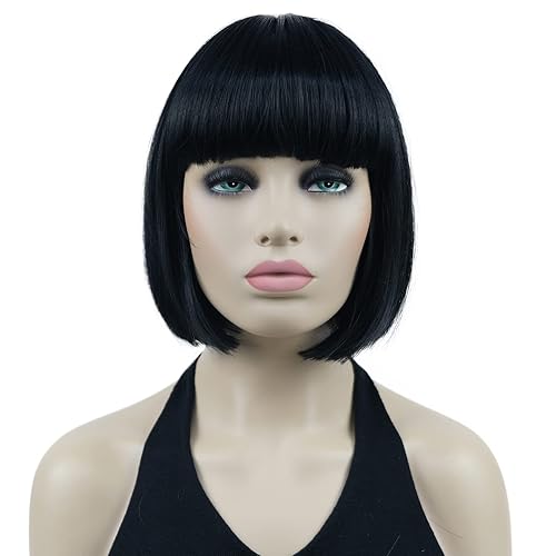 Lydell 8" Straight Short Bob Hair Flat Bangs Cute Central Dot Skin Top Heat Resistant Synthetic Wigs (Black)