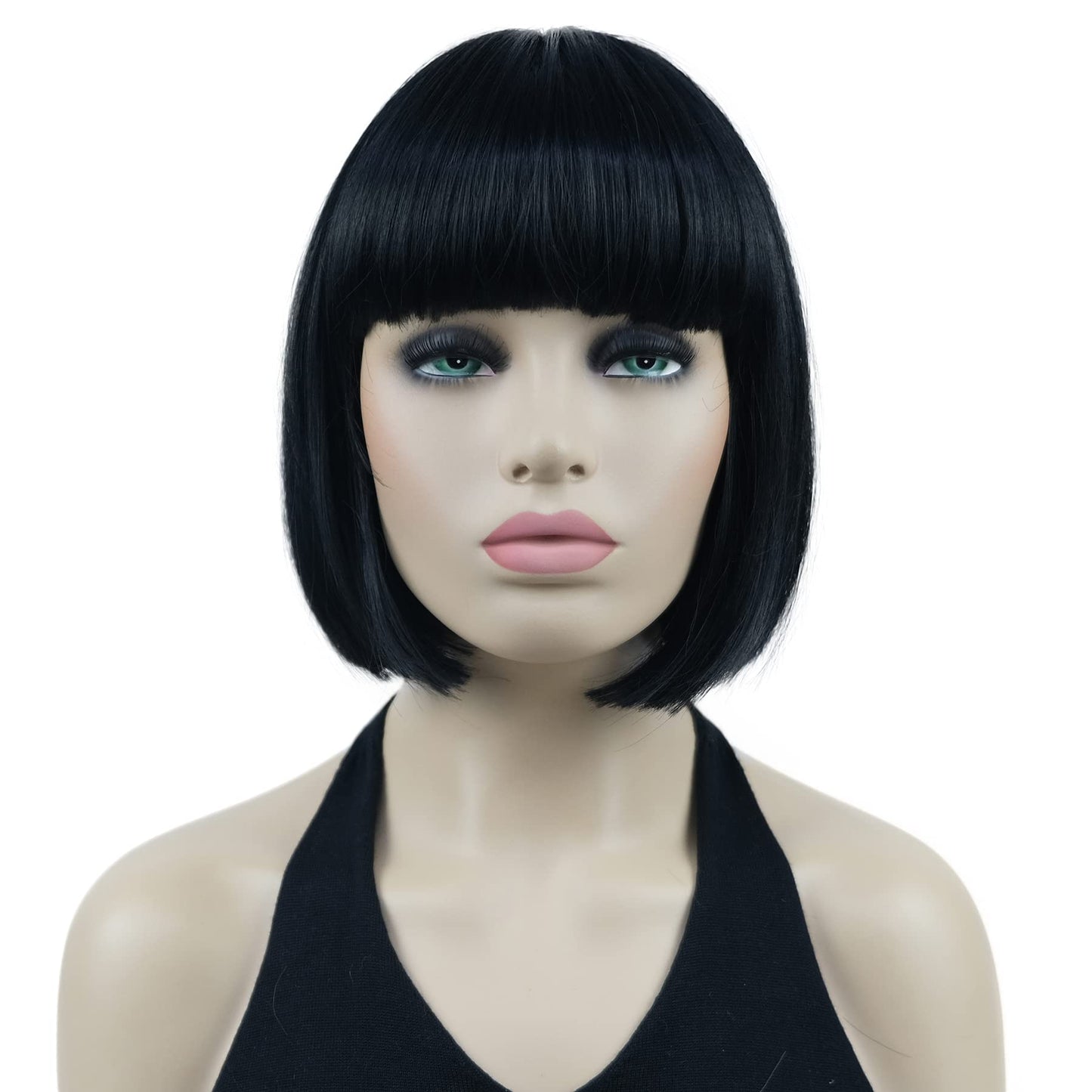 Lydell 8" Straight Short Bob Hair Flat Bangs Cute Central Dot Skin Top Heat Resistant Synthetic Wigs (Black)