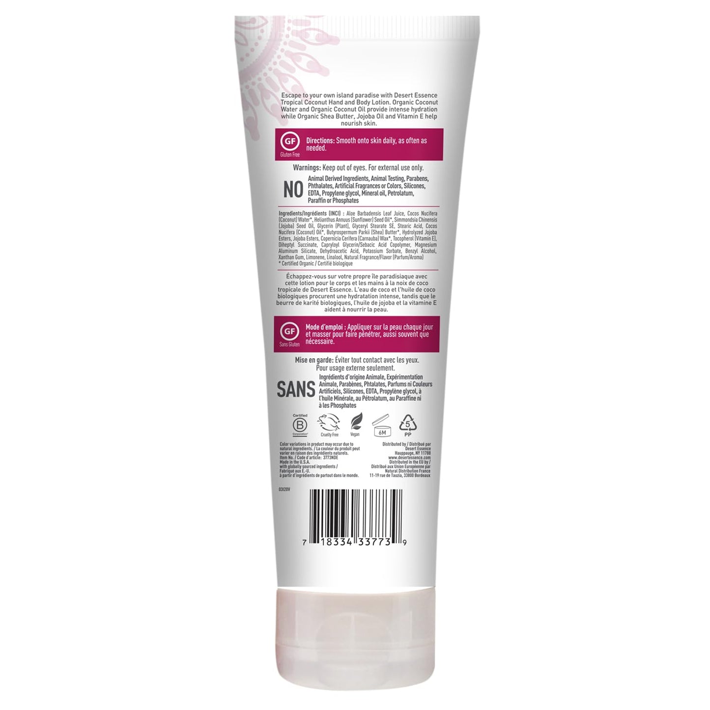 Desert Essence, Tropical Coconut Hand & Body Lotion 8 fl. oz. - Gluten Free - Vegan - Cruelty Free - Coconut Oil, Jojoba Oil & Vitamin E - Intense