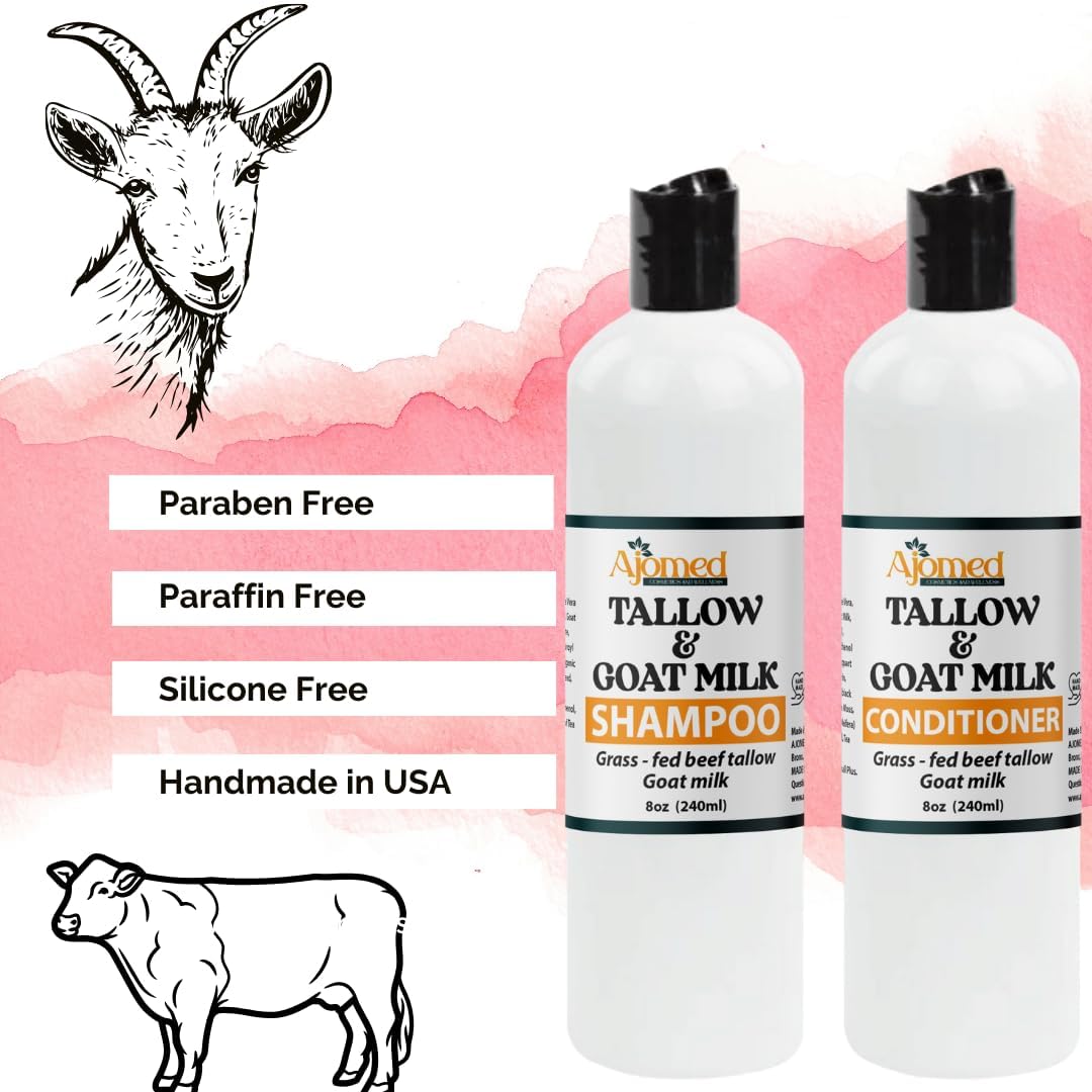 AJOMED Cosmetics Goat Milk and Tallow Shampoo - Tallow Moisturizing Hair Care for Dry, Damaged Split Ends - Silicone, Paraben, Sulfate Free Shampoo