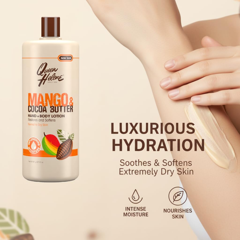 Queen Helene Mango & Cocoa Butter Hand & Body Lotion - Deep Moisturizing Formula that Softens, Smooths & Restores Radiance | 32 oz
