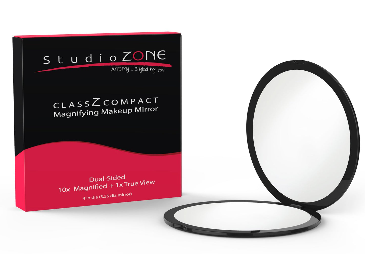 Compact Mirror - 10X Magnifying Mirror - Perfect for Purses - Small Travel Size - 2-Sided with 10X magnification and 1x w No Zoom - Black ClassZ Large