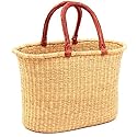 African Market Basket, Large Oval Woven Straw Basket with Handle Fair Trade Storage Organizer