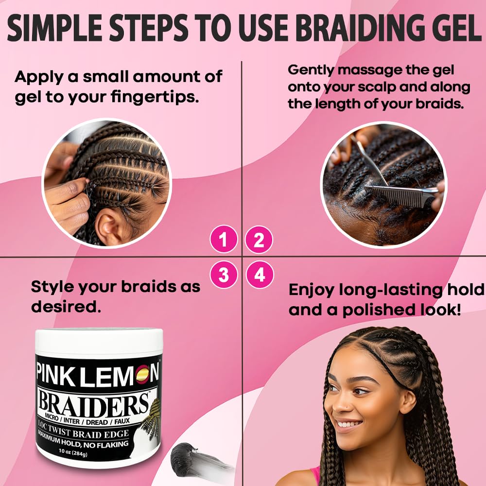 PINK LEMON Braiding Gel (5 oz) - Maximum Hold, No Flaking, Long Lasting Hold, High Shine. For Micro, Inter, Dread, Faux, Loc, Twist, Braid, Edge.
