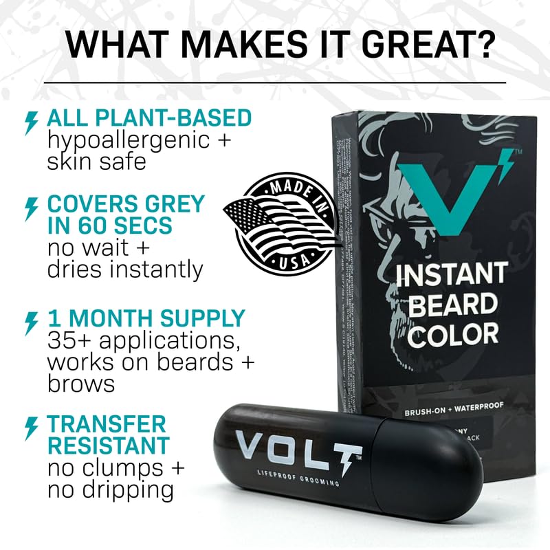 VOLT Grooming Temporary Instant Beard Color for Men, Quick Drying Plant-Based Brush On Beard, Mustache & Eyebrow Color, Sensitive Skin Safe, Burnt