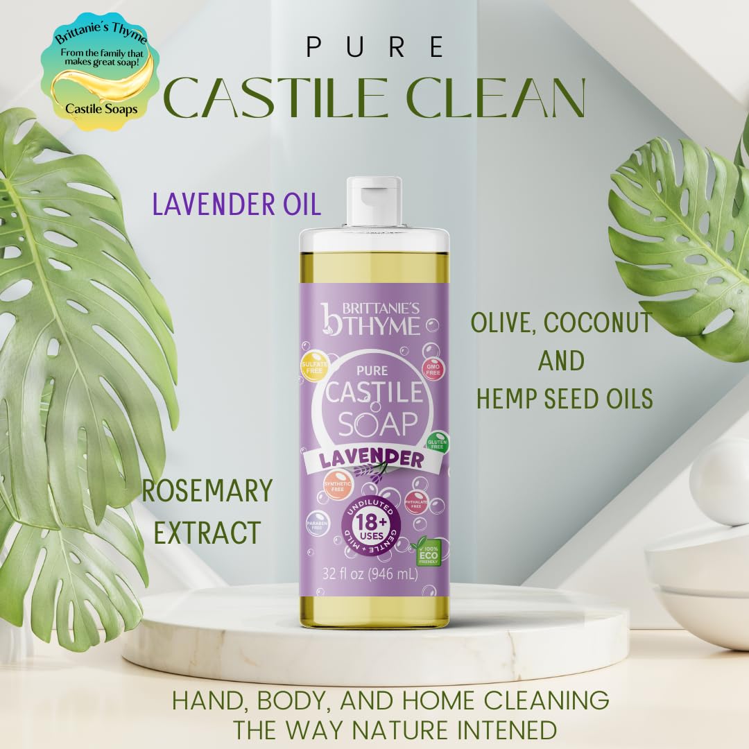 Brittanie’s Pure Castile Liquid Soap Refill, Lavender, 32 Ounce 2 Pack | Dish Soap, Hair & Body, Laundry, Home, Gentle and Pure, Made with Natural