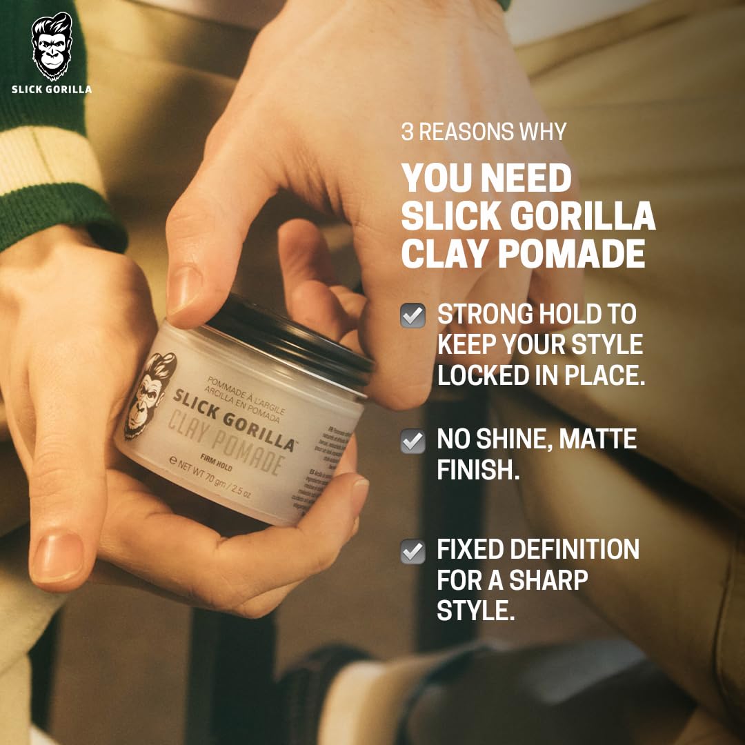 Slick Gorilla Clay Pomade for Men, 2.5 oz (75 ml), Firm Hold Hair Clay with Natural Matte Finish, Non-Greasy Men’s Hair Pomade for Textured, Wavy