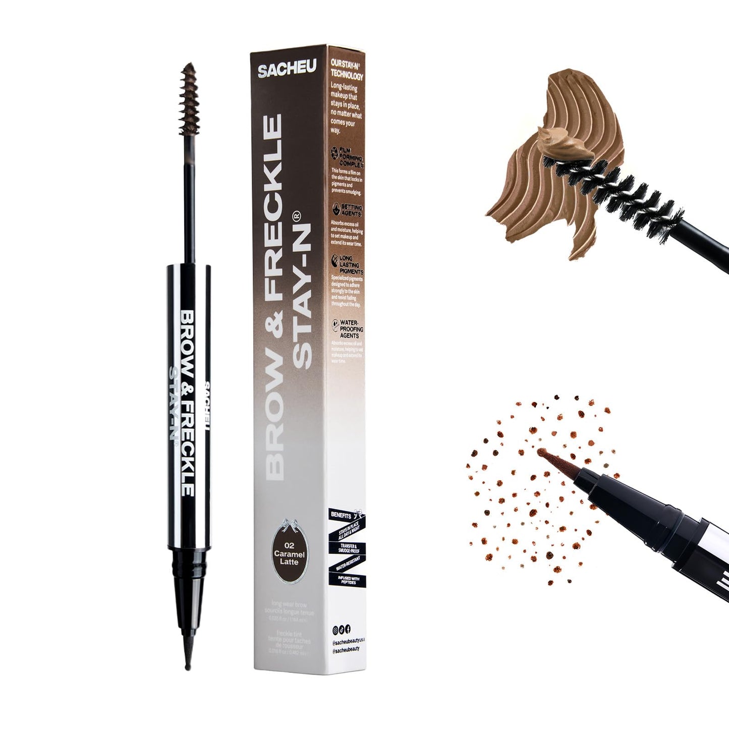 Sacheu Brow & Freckle STAY-N Tinted Eyebrow Gel & Faux Freckle Pen - 2-in-1 Longwear Water Resistant Brows Tint, Cruelty-Free & Vegan, Caramel Latte