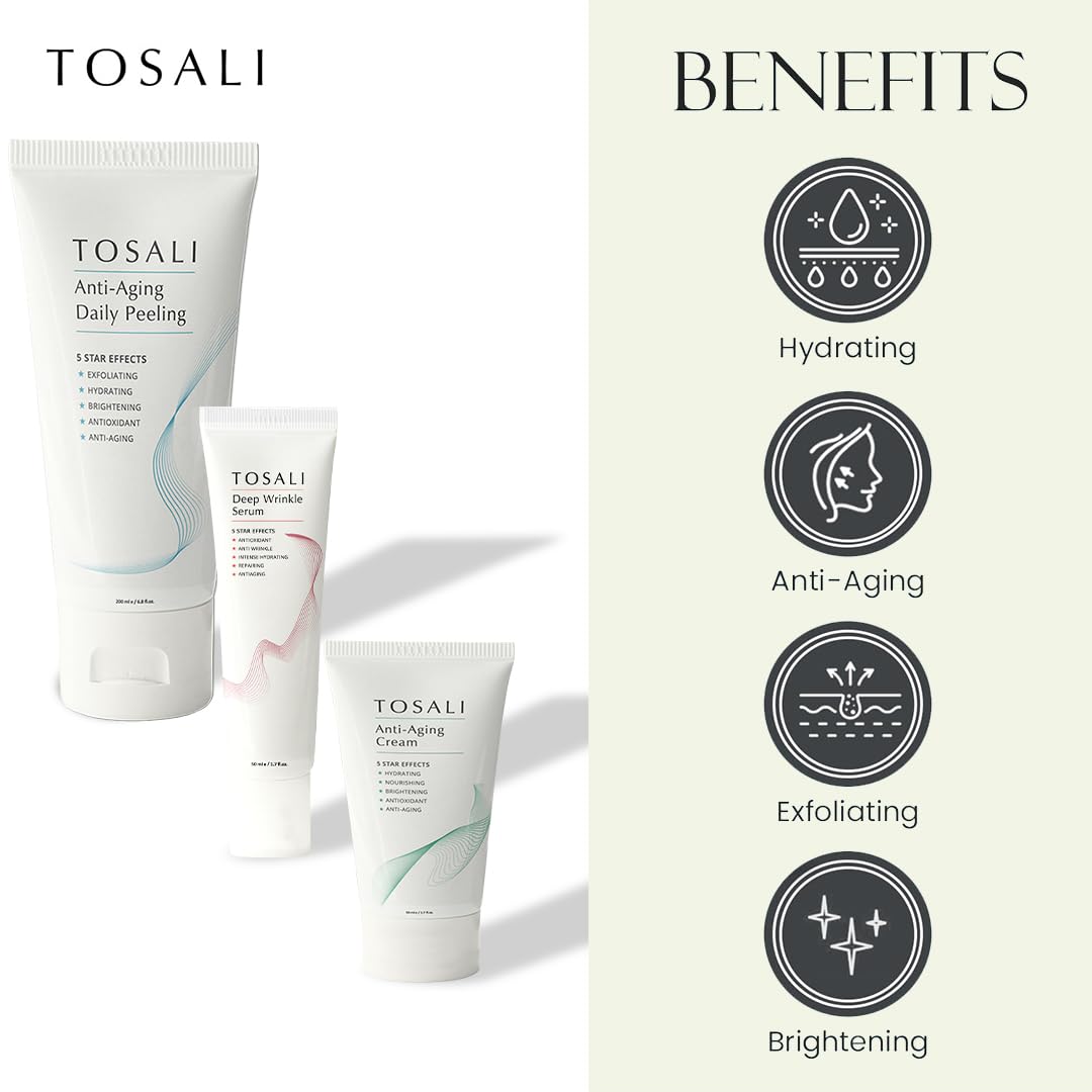 TOSALI Anti Aging Skincare Set - Daily Peeling Mask (6.8 oz), Deep Wrinkle Serum (1.7 fl oz) & Face Cream (1.7 oz) - Hydrating, Brightening, Wrinkle