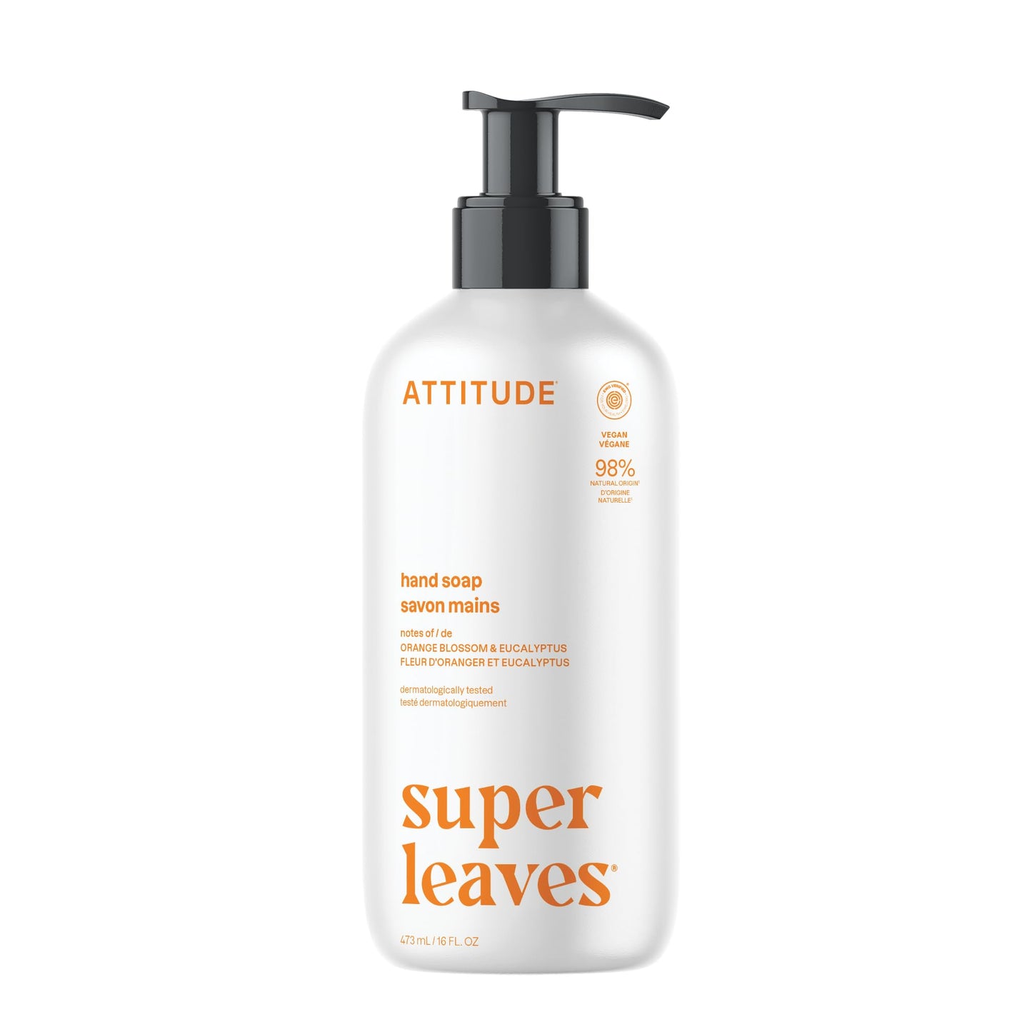 ATTITUDE Liquid Hand Soap, EWG Verified, Plant and Mineral-Based, Vegan Personal Care Products, Orange Blossom & Eucalyptus Scent, 16 Fl Oz