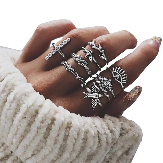 Exaggerated bird bee crown with diamonds branches and diamonds devil's eye ring nine-piece joint ring Beauty & Personal Care Angelastore Women Rings