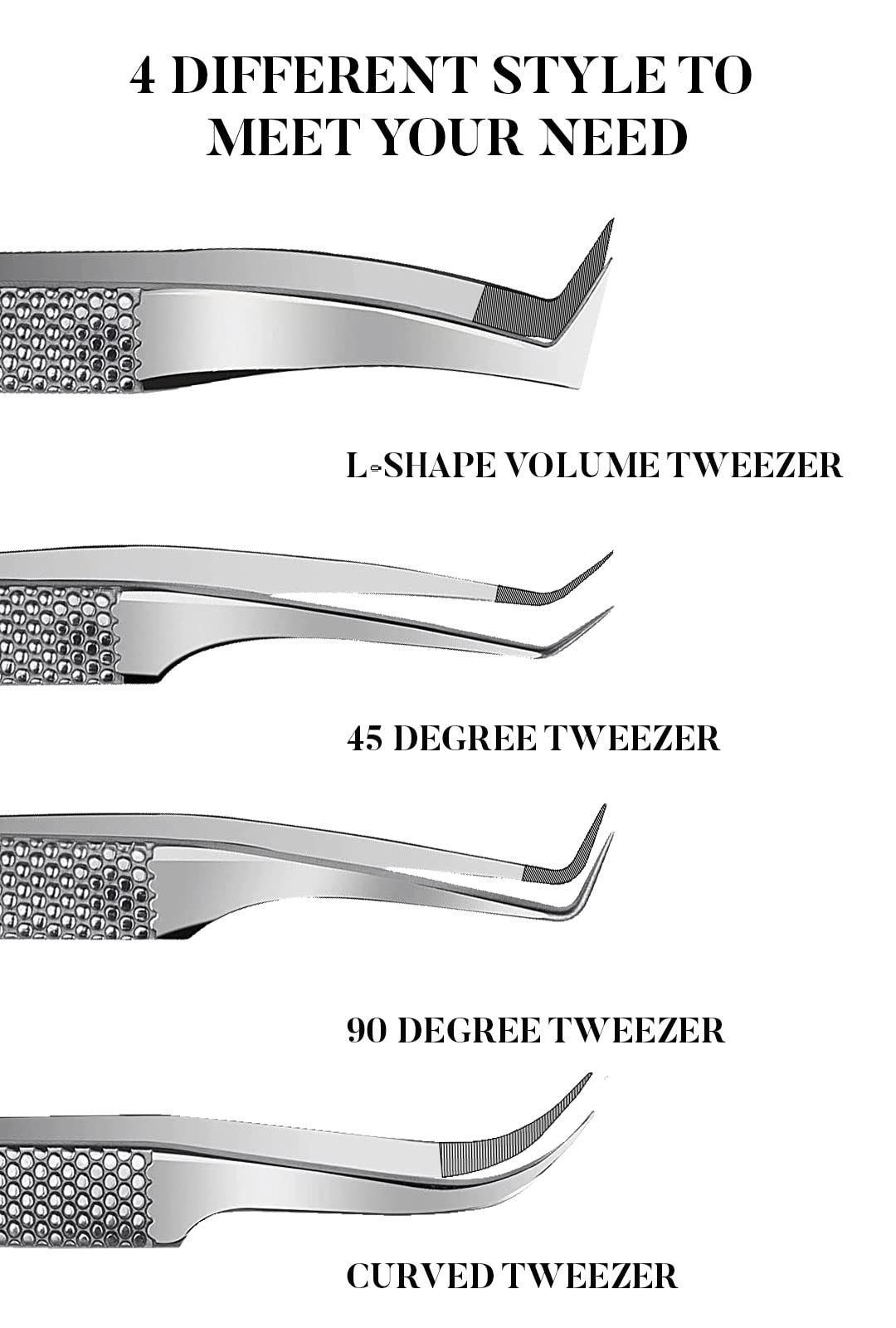 GMI Lash Tweezers - Pack of 4 Stainless Steel Fiber Tip Eyelash Extension Tweezers
