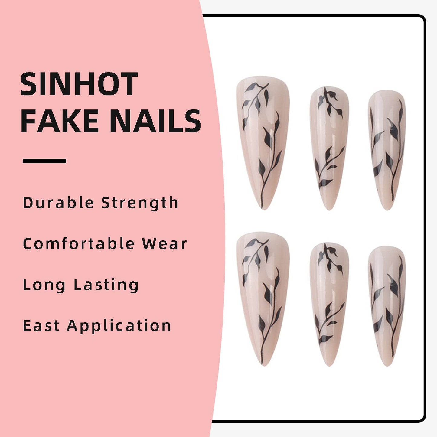 SINHOT Stiletto Press on Nails Extra Long Fake Nails with Glue Glossy False Nails with Black Leaves Designs Full Cover Almond Acrylic Nail 24pcs